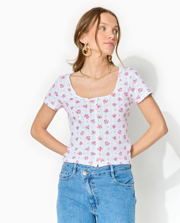 T-shirt boutonné en maille pointelle motif fleurs écru - Pimkie
