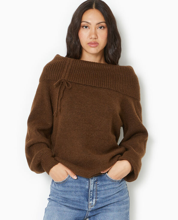 Pull oversize avec encolure Bardot et lien coulissé marron - Pimkie