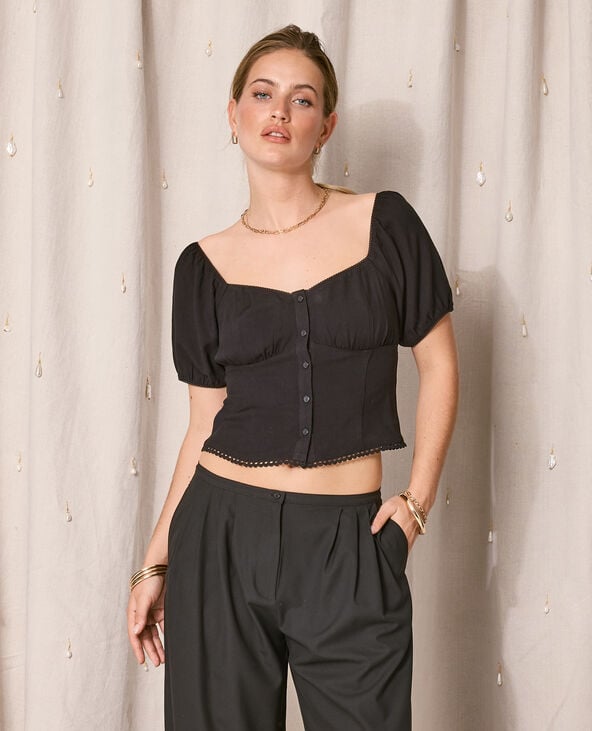 Blouse manches ballons avec finitions croquet noir - Pimkie