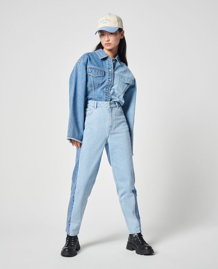 Jean mom taille haute bicolorebleu clair
