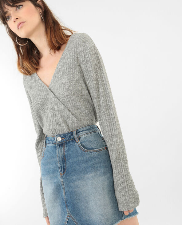 Pull côtelé cache-cœur gris chiné - Pimkie