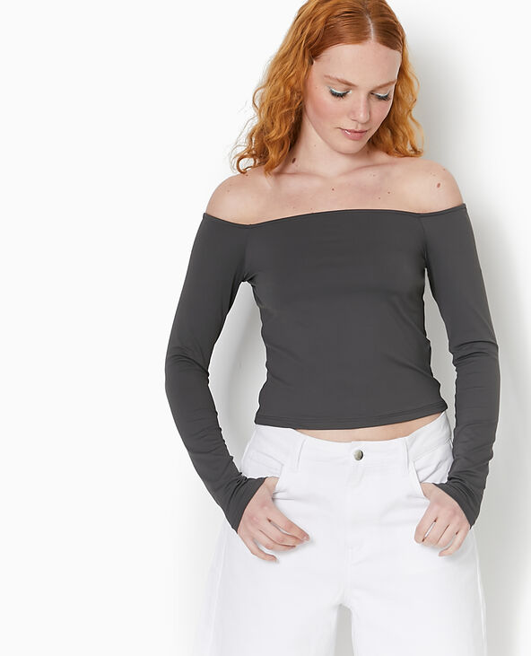 Top manches longues encolure Bardot gris foncé - Pimkie