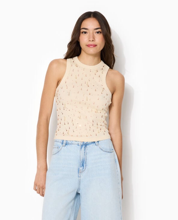 Débardeur dos nageur avec strass et perles devant écru - Pimkie