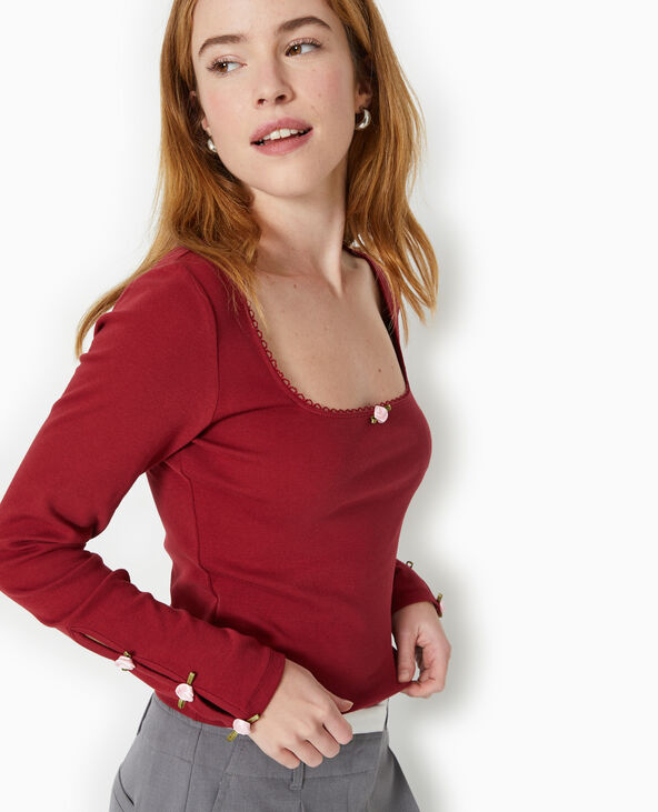 Top manches longues avec roses en satin bordeaux - Pimkie