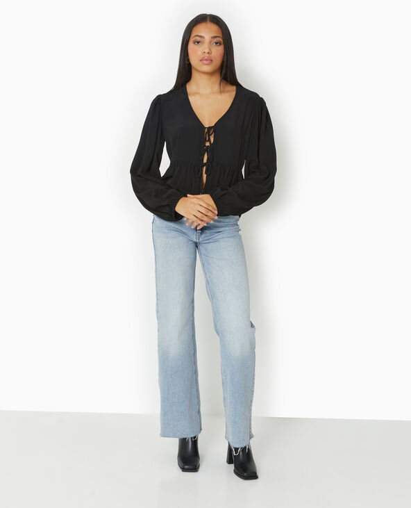 Blouse avec nouettes et manches ballons noir - Pimkie