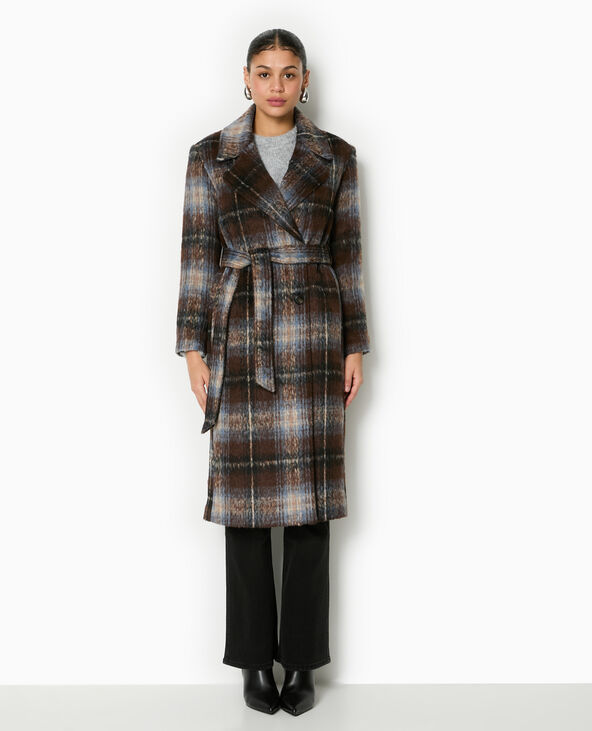 Manteau long à carreaux effet drap de laine marron - Pimkie