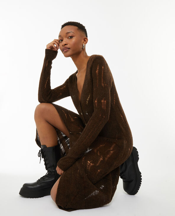 Gilet long en maille ajourée effet destroy marron - Pimkie