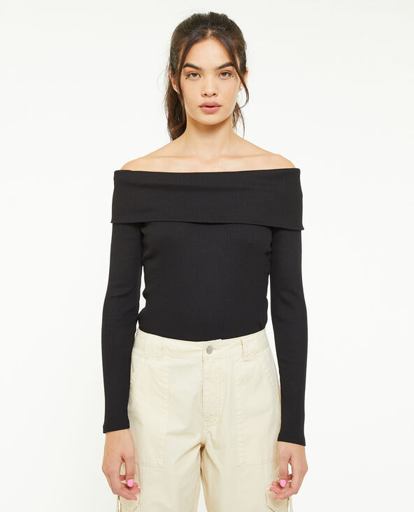 Top encolure Bardot en maille côtelée noir - Pimkie