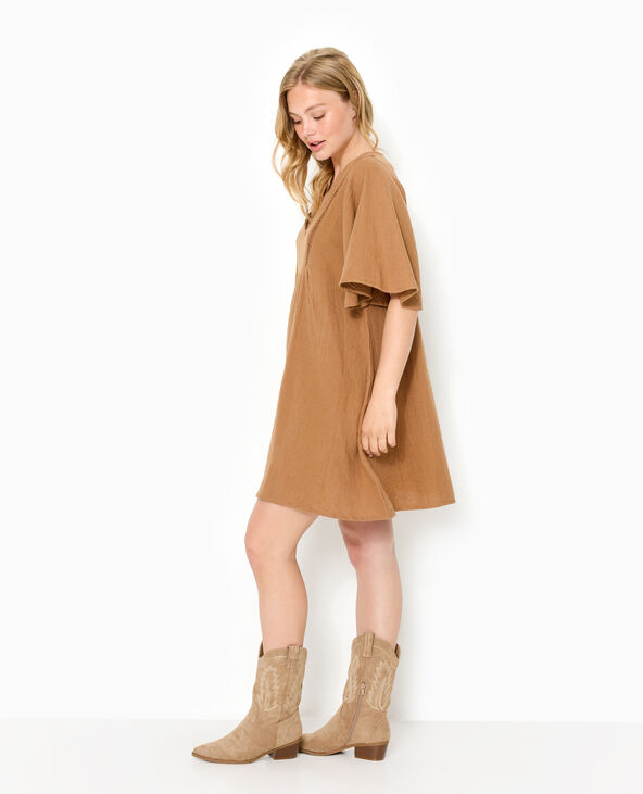 Robe courte et ample en gaze de coton marron - Pimkie