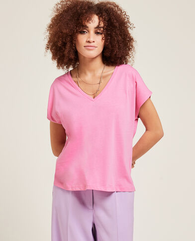 T-shirt col V manches courtes rose - Pimkie