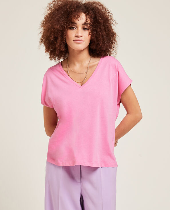 T-shirt col V manches courtes rose - Pimkie
