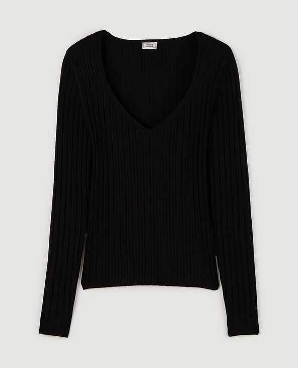 Pull col V en maille côtes plates noir - Pimkie