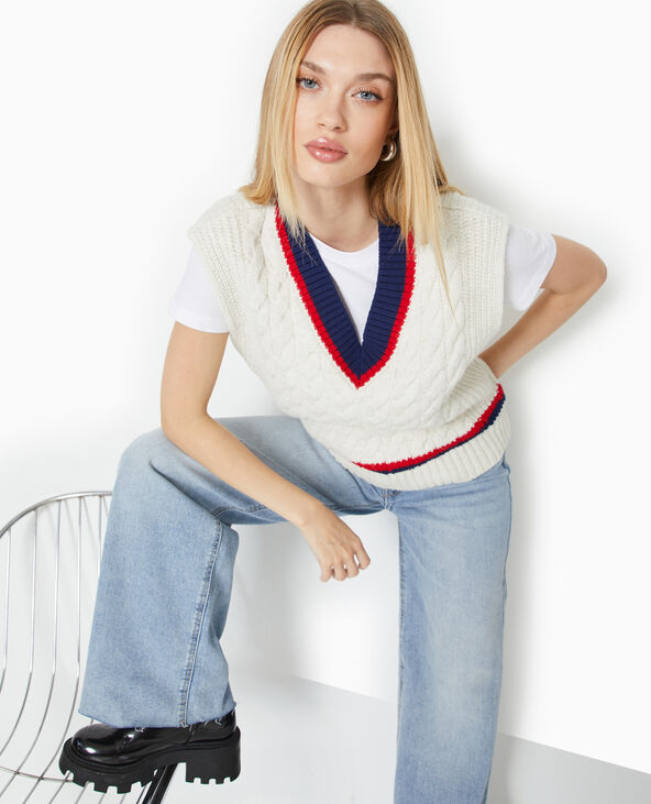 Pull sans manches col V avec torsades blanc - Pimkie