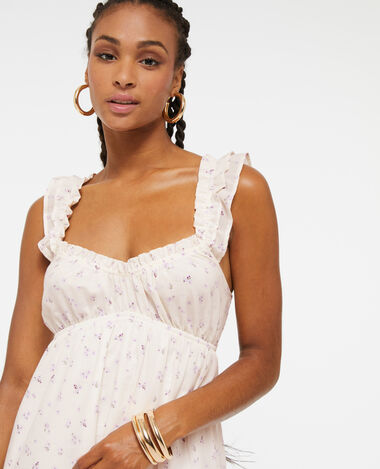 Robe longue motif fleurs avec volants blanc - Pimkie