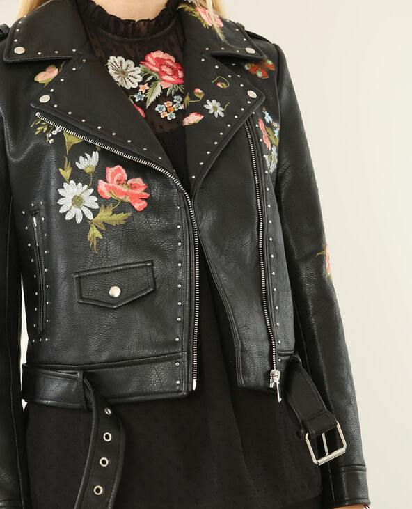 Blouson biker brodé et clouté noir - Pimkie