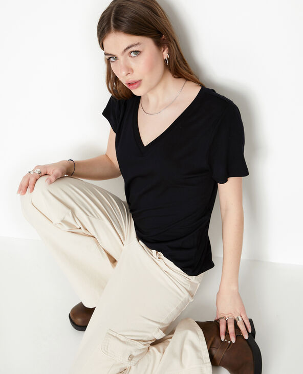 T-shirt ample col V avec viscose noir - Pimkie