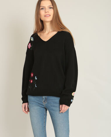 Pull à broderies noir - Pimkie