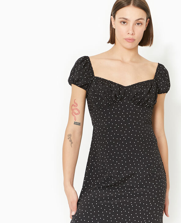 Robe longue forme empire motif pois noir - Pimkie
