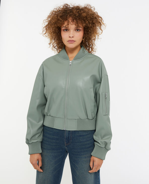 Blouson bomber en simili cuir vert clair - Pimkie