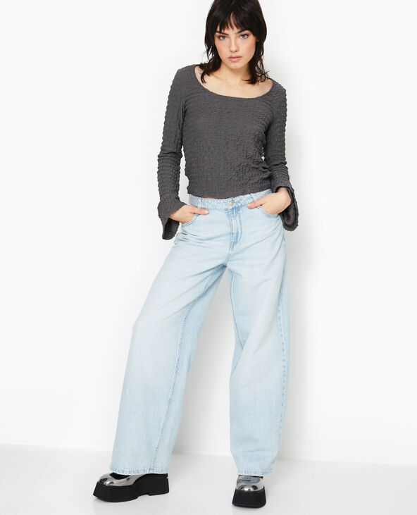 Top manches longues en maille gaufrée gris foncé - Pimkie