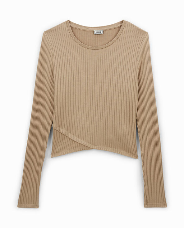 Top en maille côtelée effet croisé devant beige - Pimkie