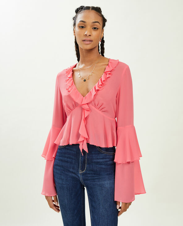 Blouse avec volants en voile rose - Pimkie
