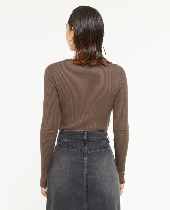 Pull fin en maille côtelée col cheminée marron - Pimkie