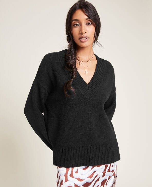 Pull grand col V noir - Pimkie
