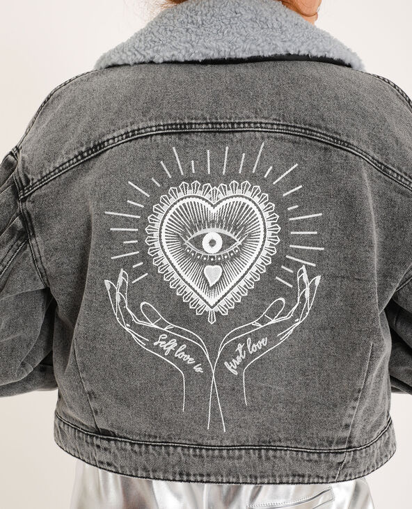 Blouson en jean col fourrure gris - Pimkie