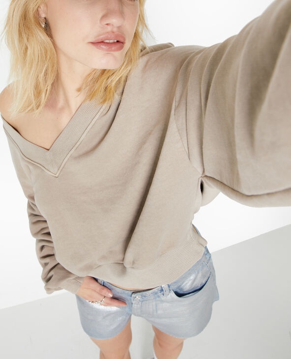 Sweat grand col V taupe - Pimkie