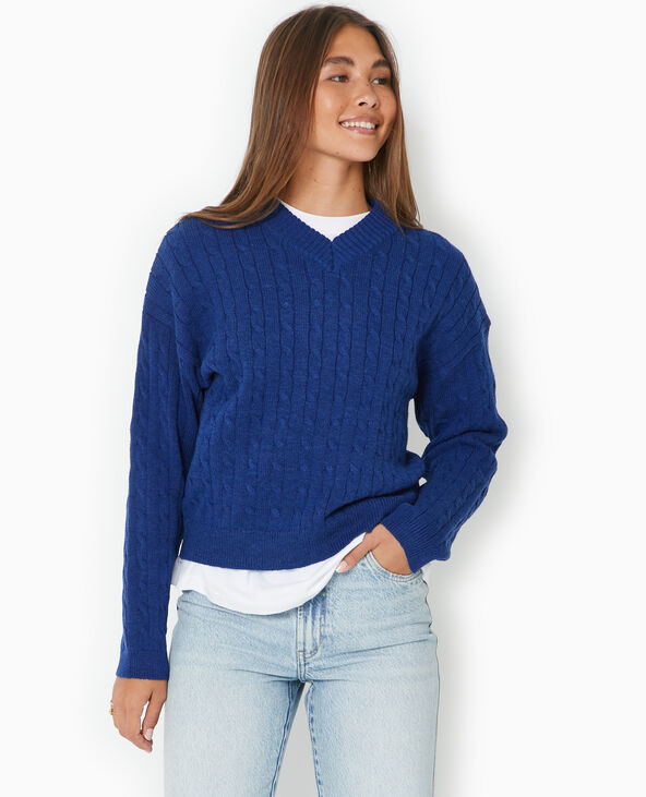 Pull en maille torsadée col V bleu marine - Pimkie