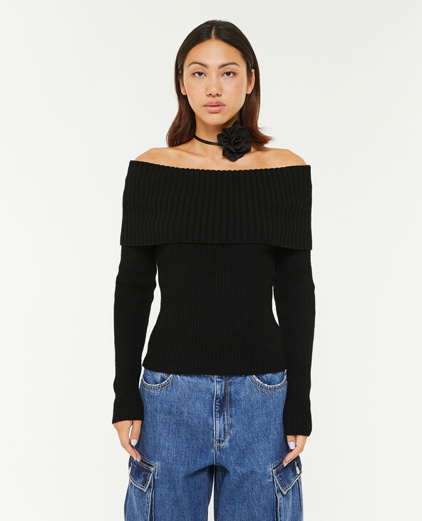 Pull encolure Bardot en maille côtelée noir - Pimkie