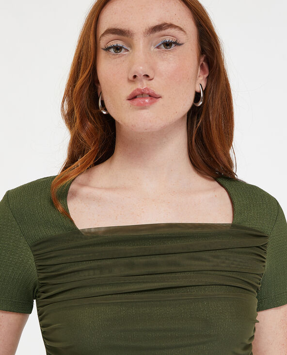 T-shirt col carré avec tulle drapé devant vert kaki - Pimkie