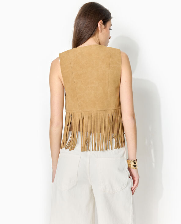 Gilet sans manches en suédine avec franges camel - Pimkie