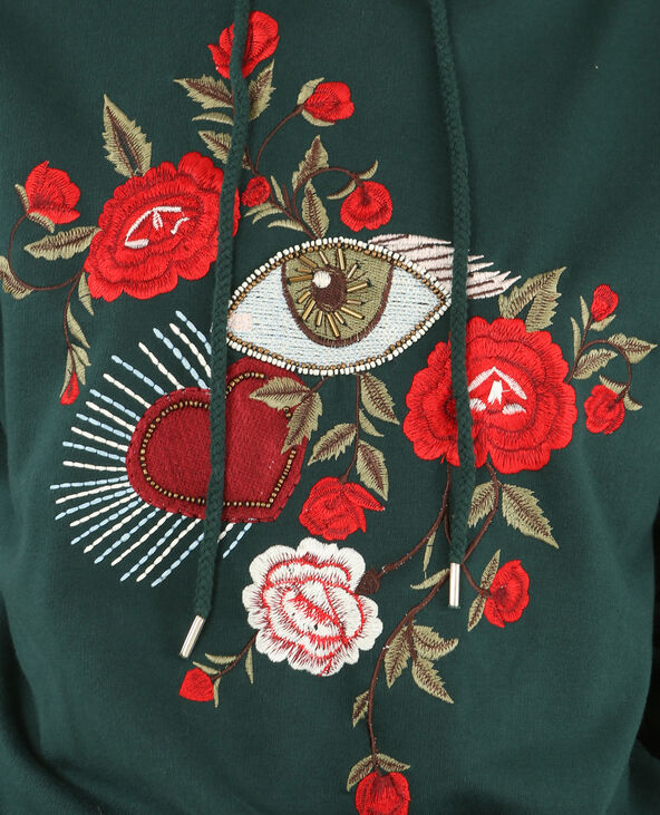 Sweat brodé à capuche vert foncé - Pimkie