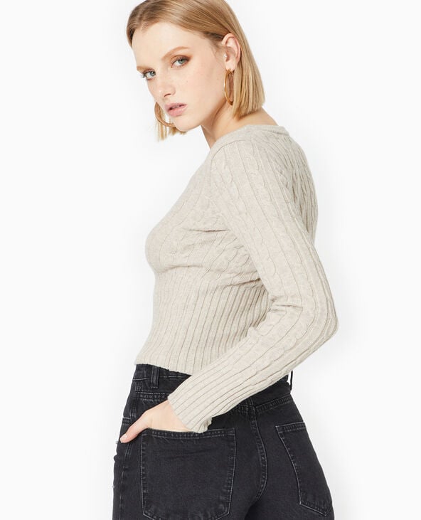 Pull col V en maille torsadée beige - Pimkie