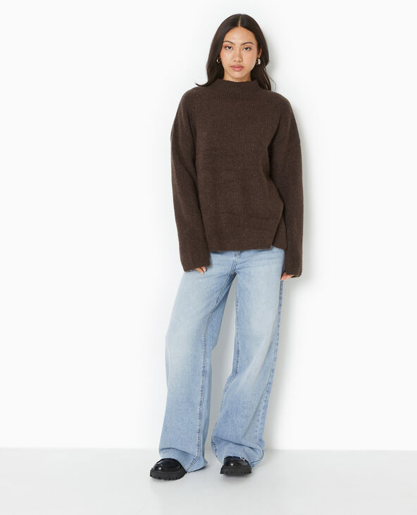 Pull col montant avec jeu de mailles marron - Pimkie