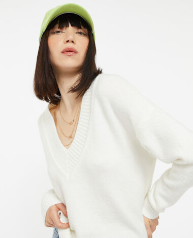 Pull droit avec grand col V blanc - Pimkie