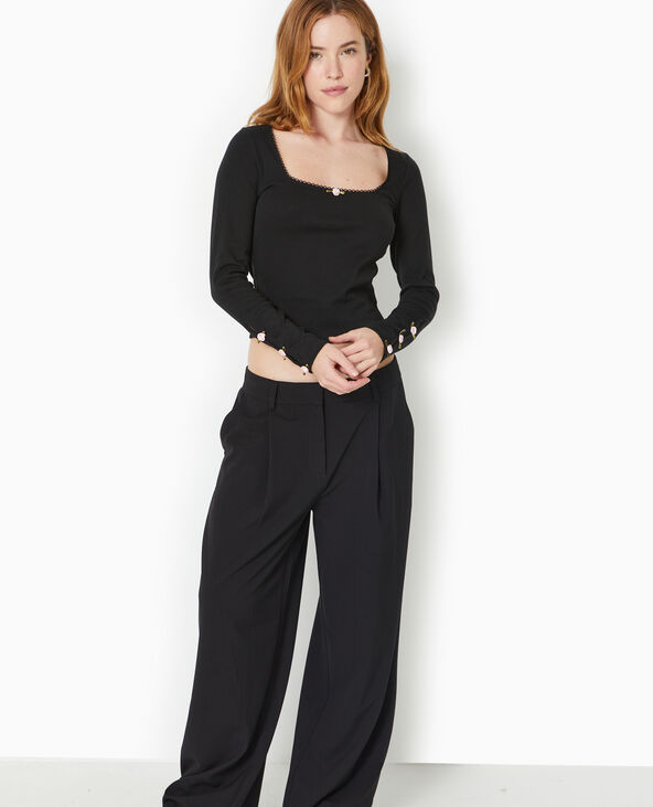 Top manches longues avec roses en satin noir - Pimkie
