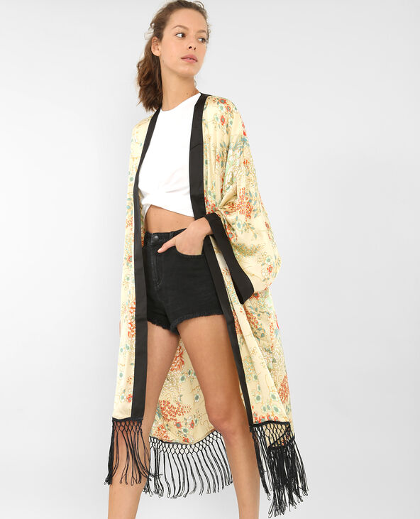 Long kimono à franges jaune - Pimkie