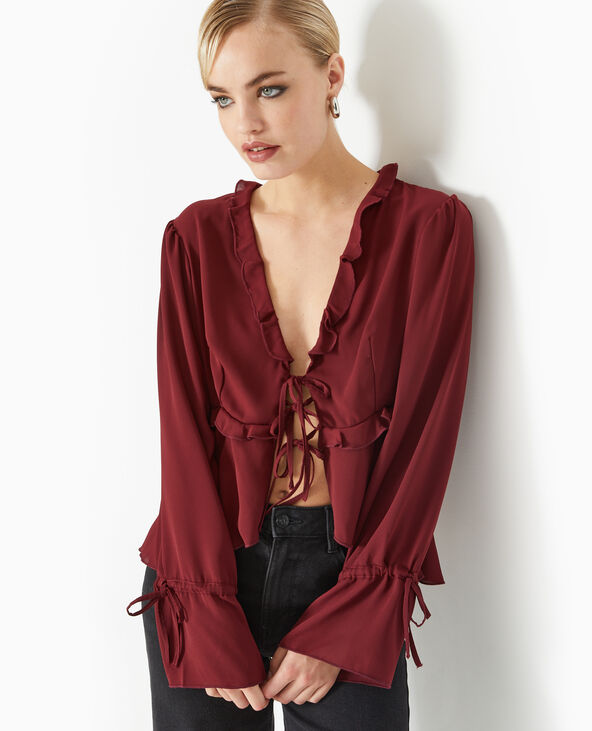 Blouse avec volant et nouettes bordeaux - Pimkie
