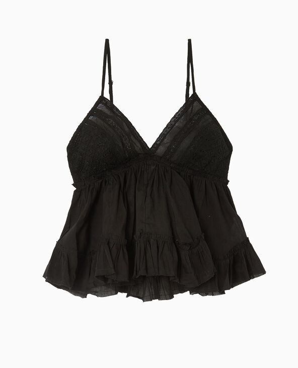 Top à bretelles avec dentelle et volants noir - Pimkie