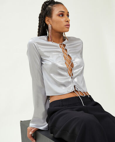 Blouse courte avec lien croisé à nouer gris - Pimkie