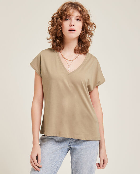 T-shirt col V manches courtes camel - Pimkie