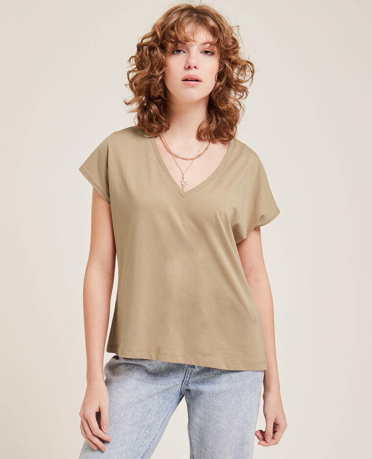 T-shirt col V manches courtes camel - Pimkie
