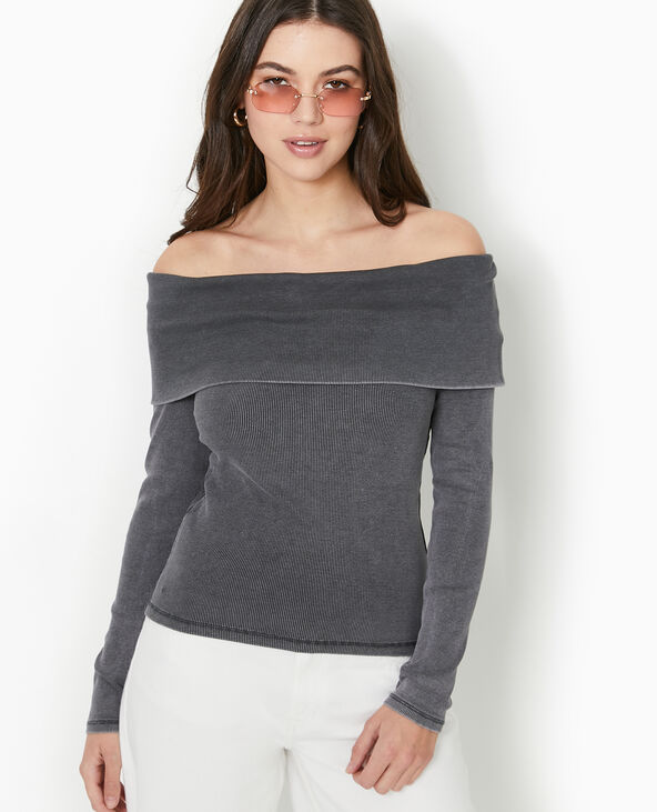 Top manches longues encolure Bardot gris foncé - Pimkie