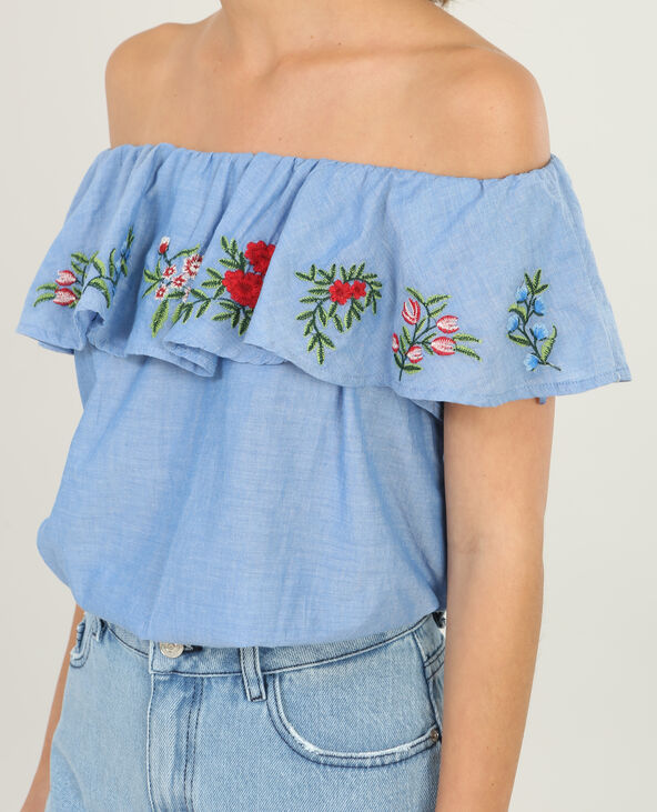 Blouse à col bardot brodée Jean bleached - Pimkie