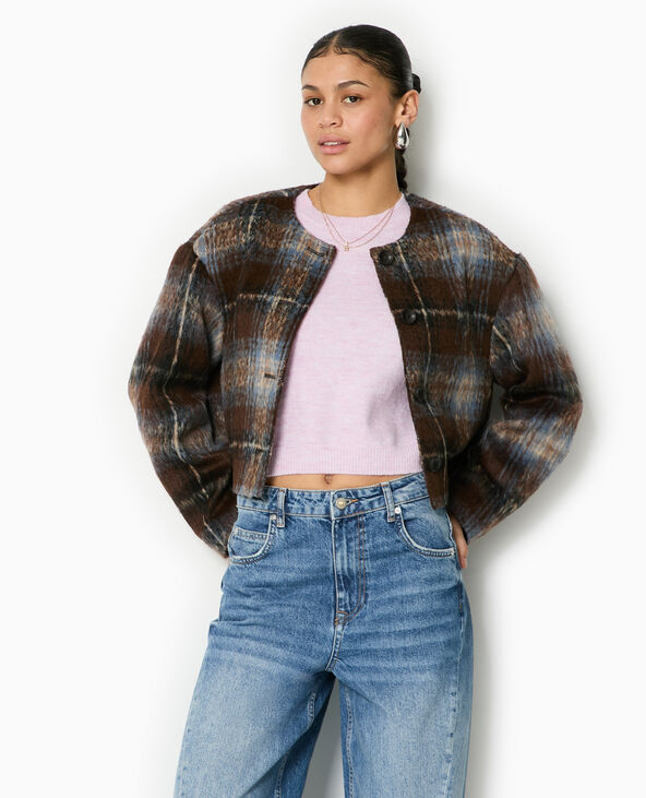 Manteau court à carreaux effet drap de laine marron - Pimkie