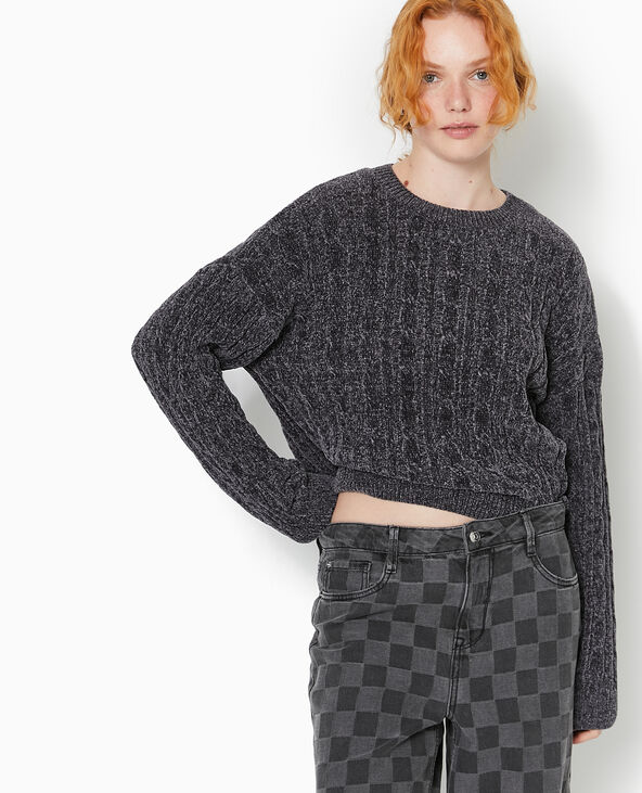 Pull col rond en maille chenille torsadée gris foncé - Pimkie