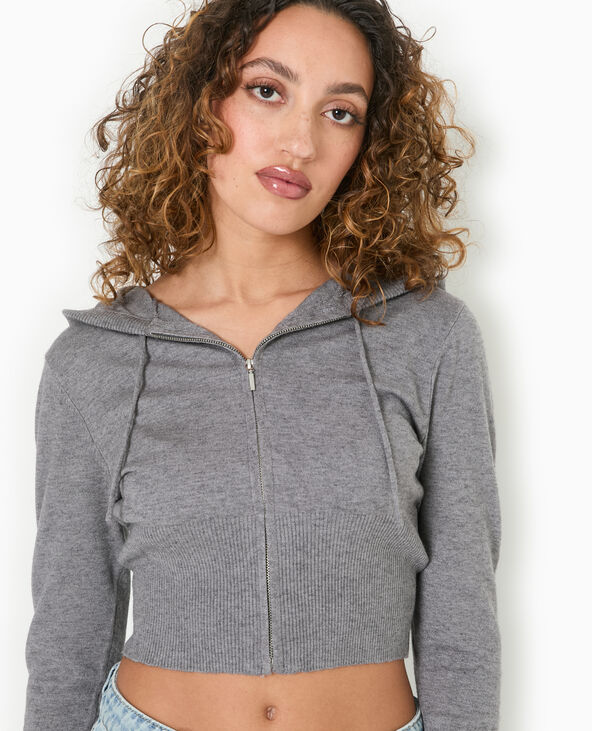 Gilet court zippé en maille fine avec capuche gris chiné - Pimkie